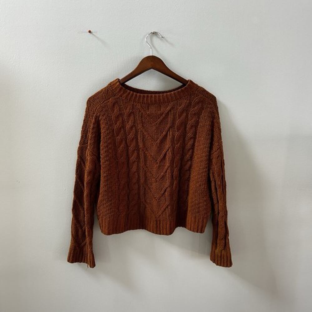 Pink Rose Brown Cable-Knit Pullover Sweater Crew Neck 100% Polyester Size L - Picture 2 of 9